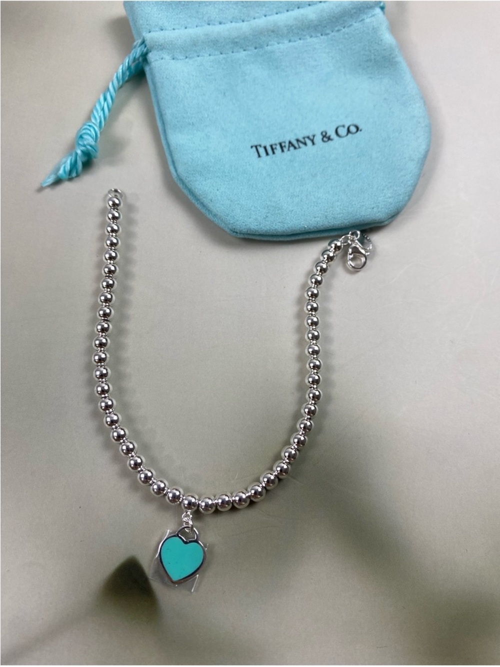 Tiffany & Co. Silver Bead Bracelet with Turquoise Heart Charm